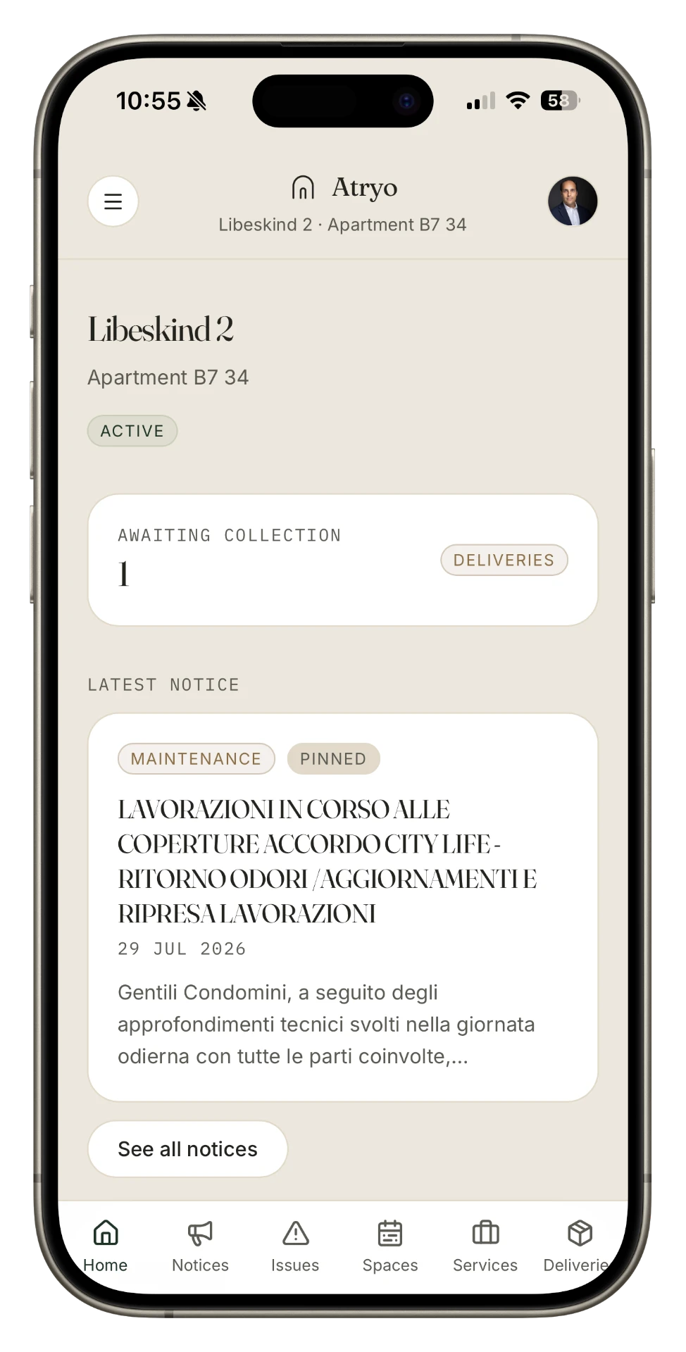 Atryo resident home screen showing the building name, a delivery awaiting collection and the latest notice